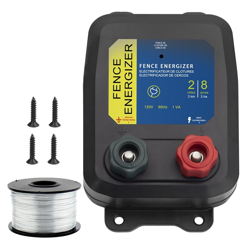 FBULWSEC Electric Fence Energizer with 17 Gauge Aluminum Wire, 2-Mile/ 8 Acres Electric Fence Charger, Livestock Fence Charger for Preventing Raccoons, Squirrels, Chicken Coops, Skunks intruding 0.1 Joule - Image 1